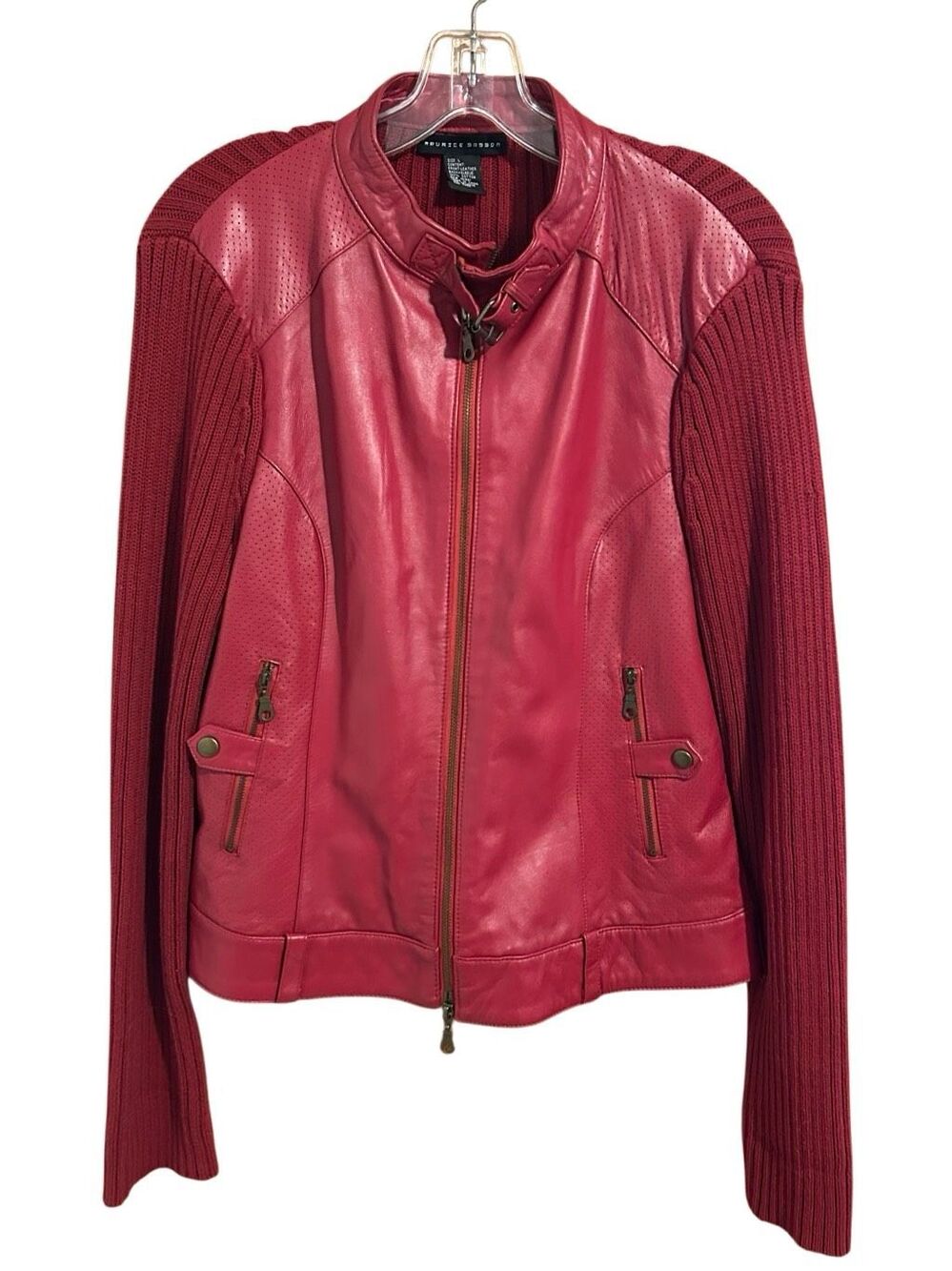 Maurice Sasson Red Leather Mixed Media Knit Zip Jacket Moto Women’s L